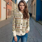 Damen Strickjacke mit farbenfrohem geometrischem Muster und praktischen Knöpfen R&B