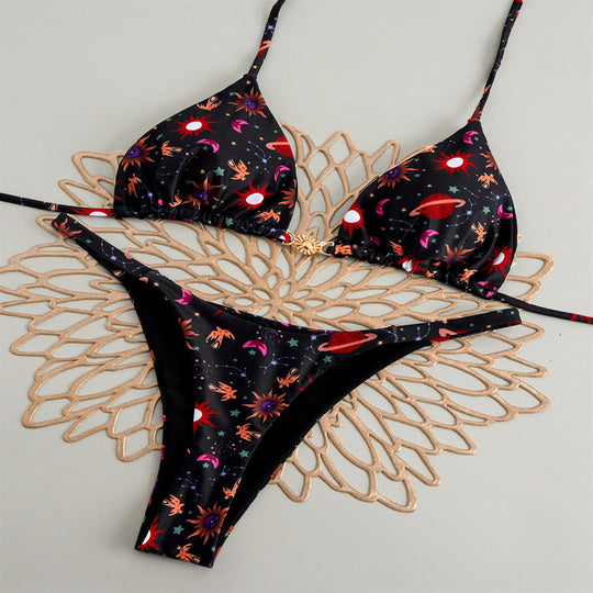 Damen Triangel-Bikini mit floralem Muster und eleganter Goldschließe R&B