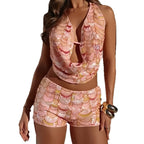 Damen Glamouröses Strand-Set aus schimmerndem Stoff mit raffiniertem Oberteil und Shorts R&B
