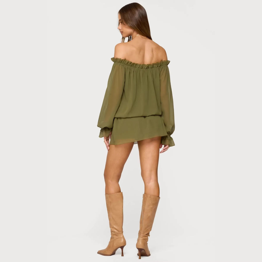 Damen Off-Shoulder Kleid mit voluminösen Puffärmeln und Rüschensaum R&B