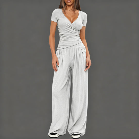 Damen Eleganter Wickel-Jumpsuit mit weitem Bein und modischen Details R&B