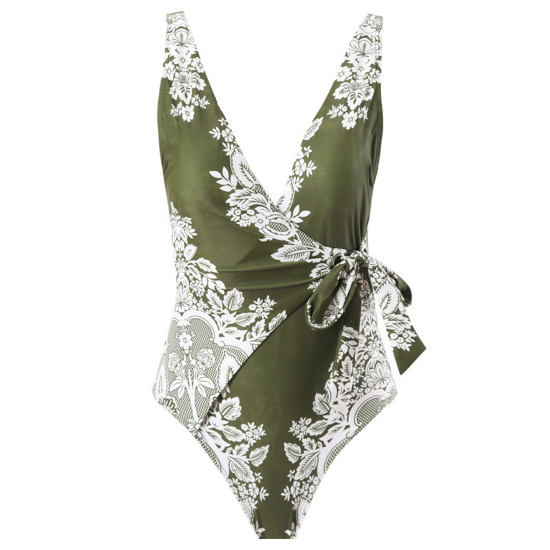 Damen Einteiler Badeanzug mit modischem Wickeldesign und floralem Muster R&B
