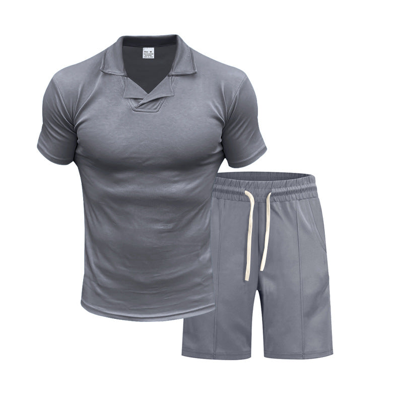 Herren nan kurzärmeliges Polo-Lounge-Set mit V-Einsatz am Kragen und Kordelzug-Bermuda R&B