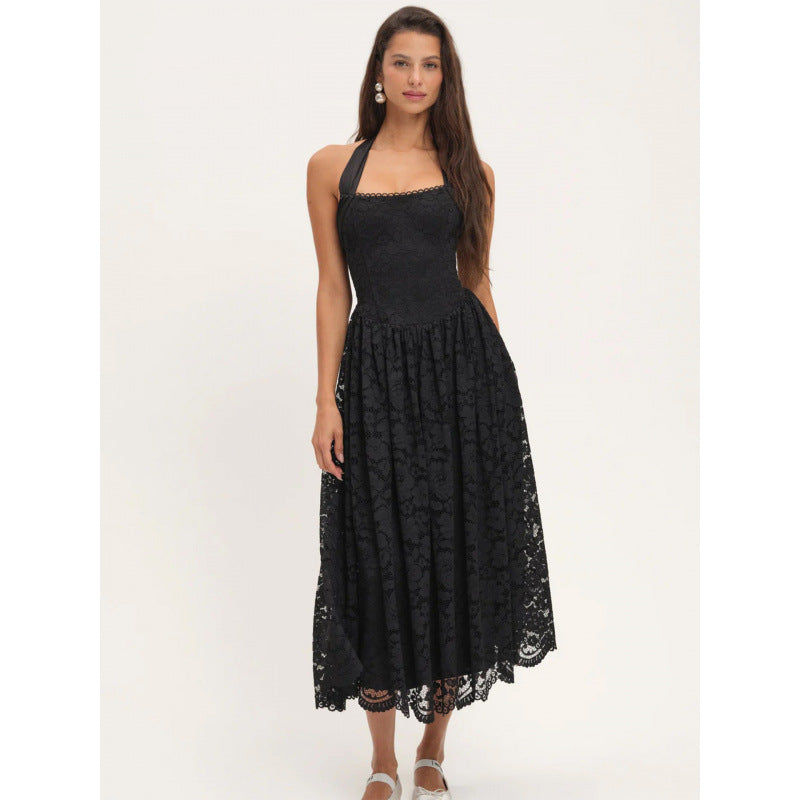 Damen luftiges Sommerkleid mit romantischem Spitzenoberteil und elastischem Taillenbund R&B
