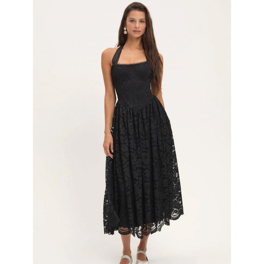 Damen luftiges Sommerkleid mit romantischem Spitzenoberteil und elastischem Taillenbund R&B
