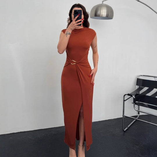 Damen Elegantes Wickelkleid mit seitlichem Schlitz und Gürtel R&B