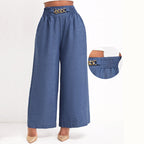 Damen Elegante Weitbein-Hose mit elastischem Bund und goldener Kette