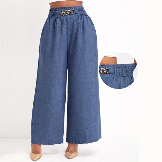Damen Elegante Weitbein-Hose mit elastischem Bund und goldener Kette R&B
