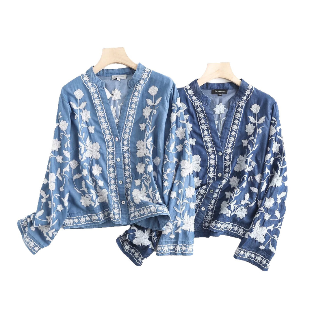 Damen bestickte Bluse im Vintage-Stil mit elegantem Kragen und Druckknopfverschluss R&B