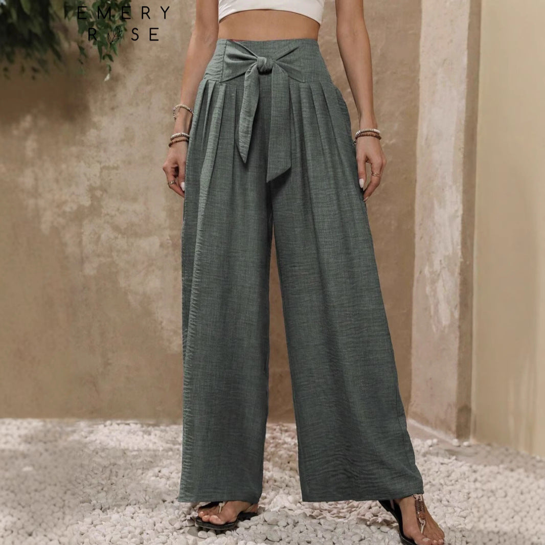 Damen Weite Hochtaillierte Hose mit Schleifenbund und Falten R&B