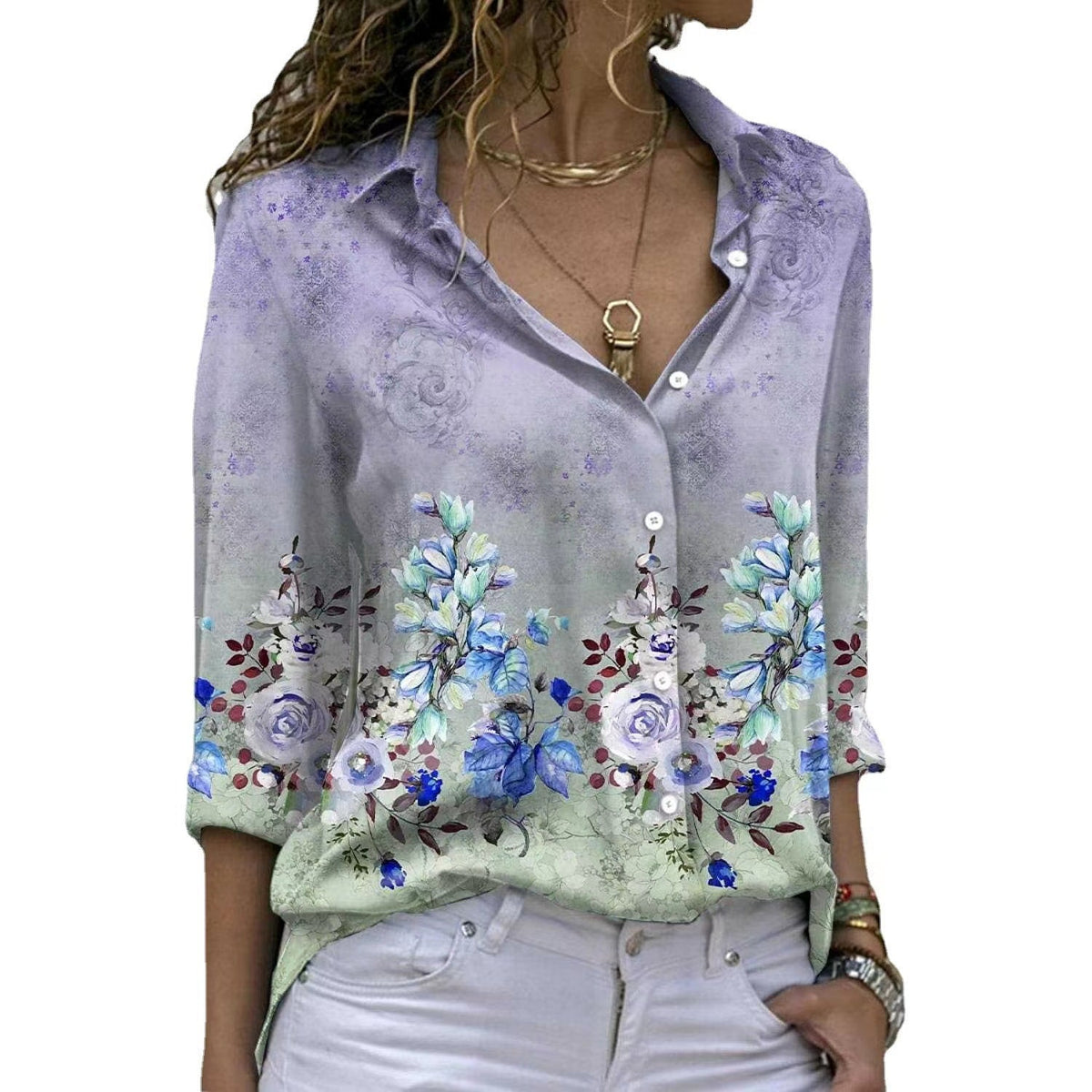 Damen nan florale V-Ausschnitt Knopfbluse mit lockerer Passform und Umschlagärmeln R&B