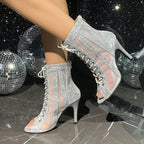 Damen Glitzernde High-Heels mit transparentem Netzdesign und eleganter Schnürung R&B