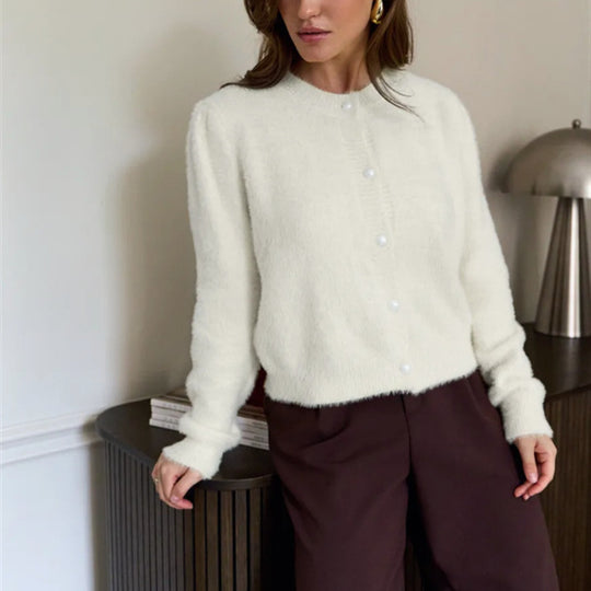 Damen Flauschiger Cardigan mit dekorativen Knöpfen und eleganter Passform R&B