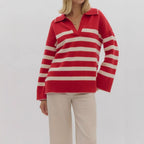 Damen kuschelige Strickpullover mit modernem Streifenmuster und V-Ausschnitt R&B