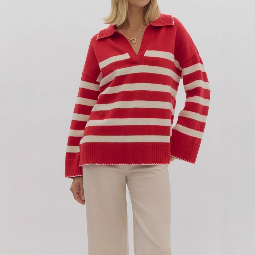 Damen kuschelige Strickpullover mit modernem Streifenmuster und V-Ausschnitt R&B