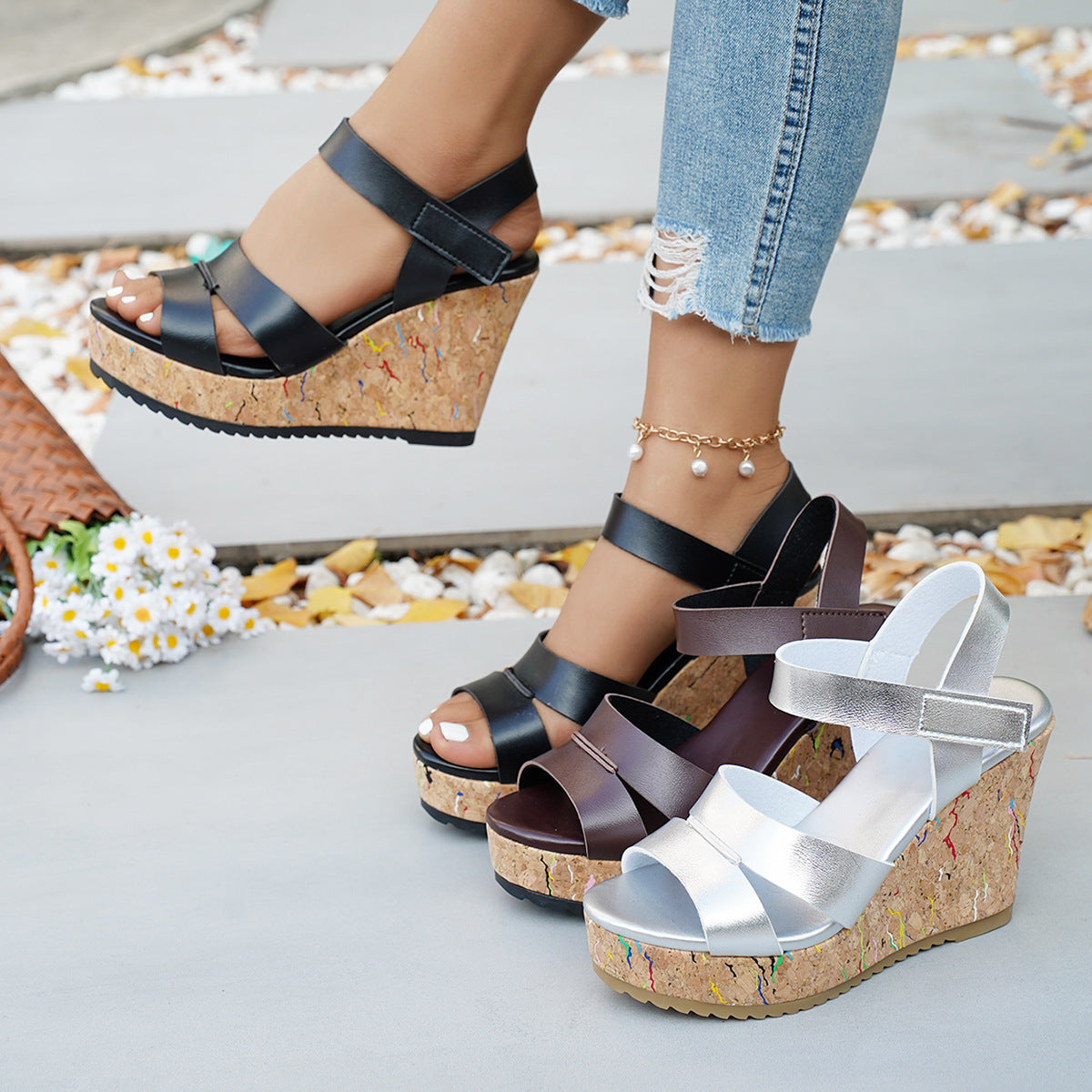 Damen Wedge-Sandalen mit verstellbaren Riemen und rutschfester Korksohle R&B