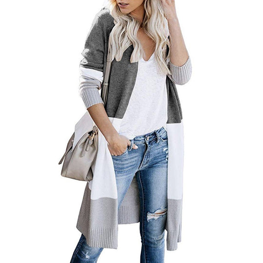 Damen langer Strickmantel mit modernen Farbblock-Details R&B