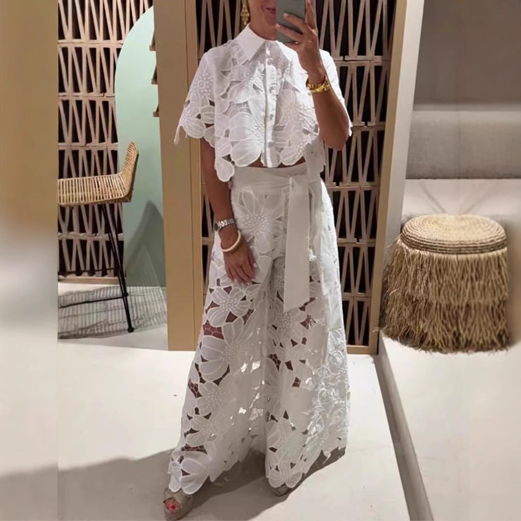 Damen Set im modernen Blumendesign mit cropped Bluse und Maxi-Rock R&B