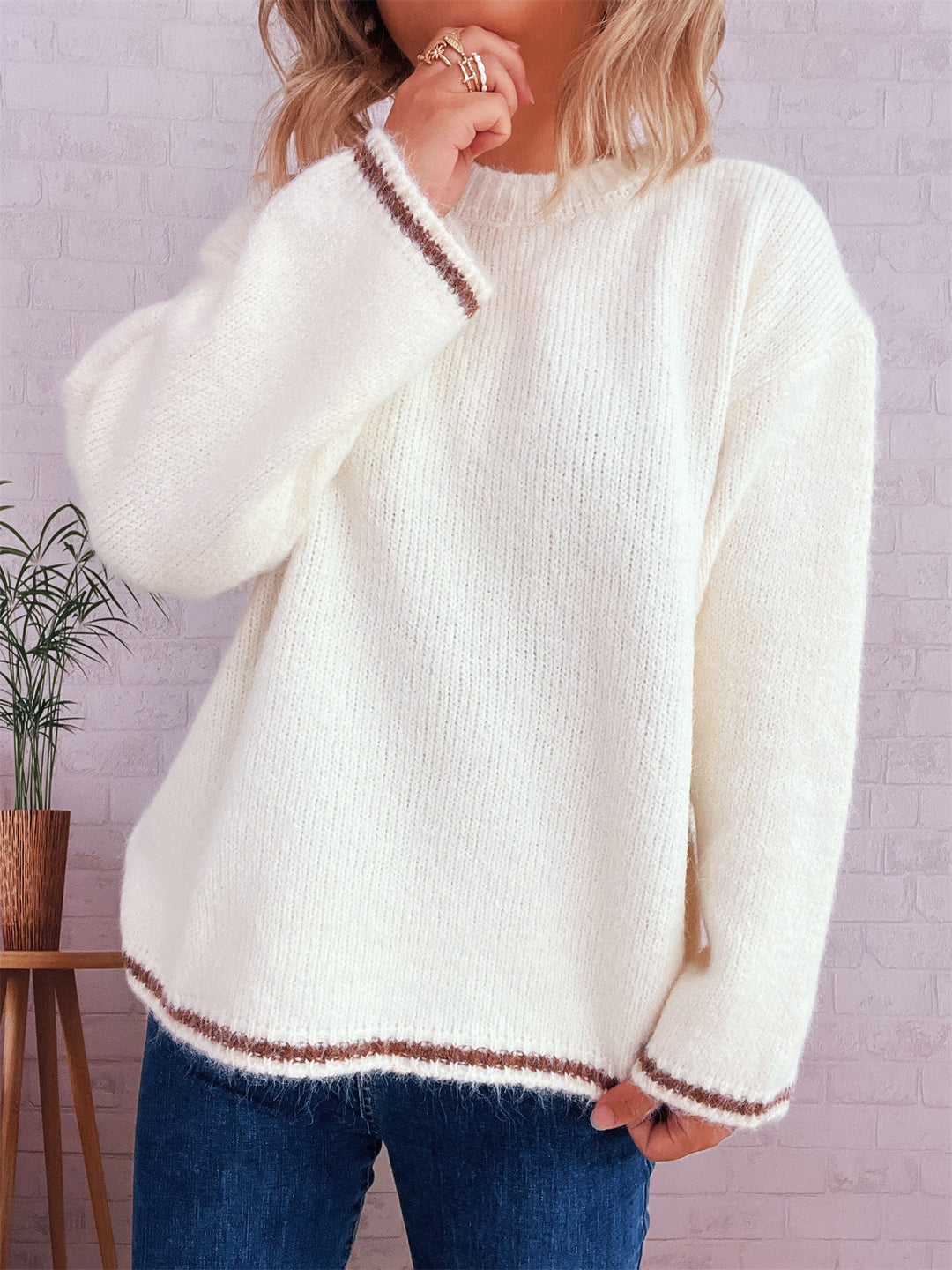 Damen lässiger Wohlfühlpullover mit blockfarbenem Design R&B