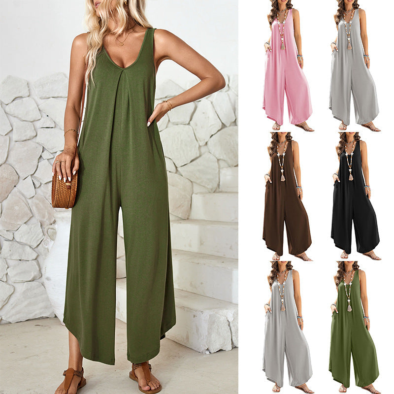 Damen luftiger Jumpsuit mit weitem Bein und praktischen Taschen R&B