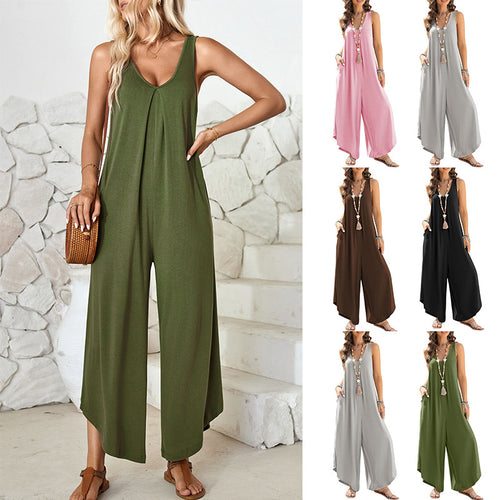 Damen luftiger Jumpsuit mit weitem Bein und praktischen Taschen R&B