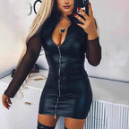 Damen enger Mini-Jumpsuit aus Kunstleder mit transparenten Ärmeln und aufwendigem Reißverschluss R&B