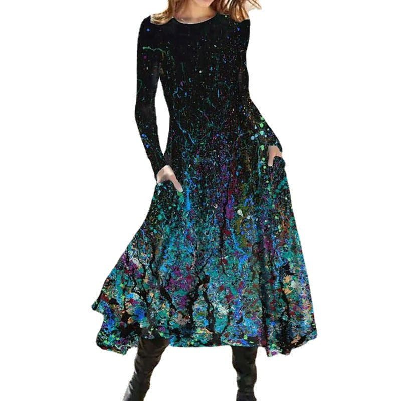 Damen nan A-Linien-Midikleid mit abstraktem Spritzmuster, Rundhalsausschnitt, langen Ärmeln und Eingrifftaschen R&B