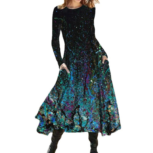 Damen nan A-Linien-Midikleid mit abstraktem Spritzmuster, Rundhalsausschnitt, langen Ärmeln und Eingrifftaschen R&B