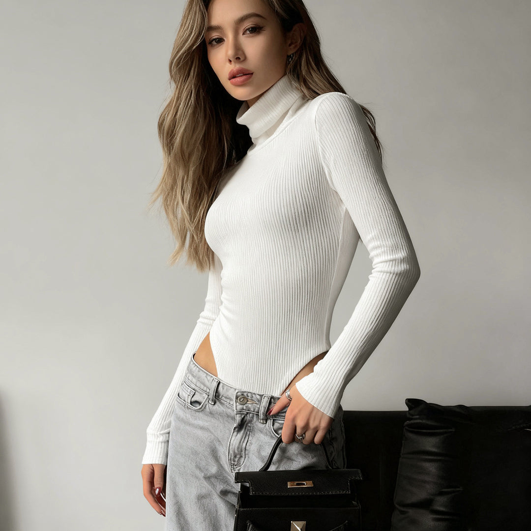 Damen figurbetonter Langarm-Bodysuit mit hohem Kragen R&B