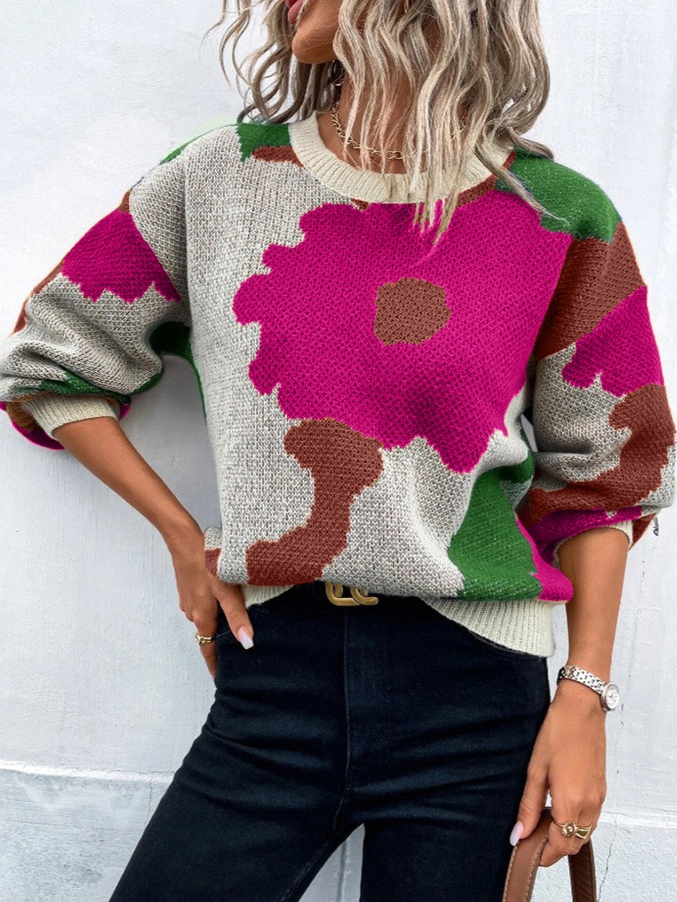 R&B | Pullover Pullover Strickstoff Lockere Passform Rundhals Ballonärmel Gemustert