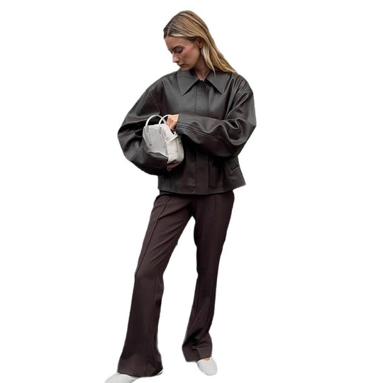 Damen modische Kunstlederjacke mit oversized Design R&B