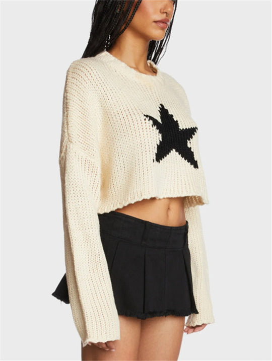 Damen modischer Grobstrickpullover mit trendy Sternenapplikation R&B