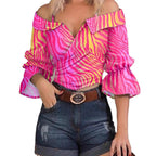 Damen modisches Oberteil mit voluminösen Ärmeln und Patchwork-Design R&B