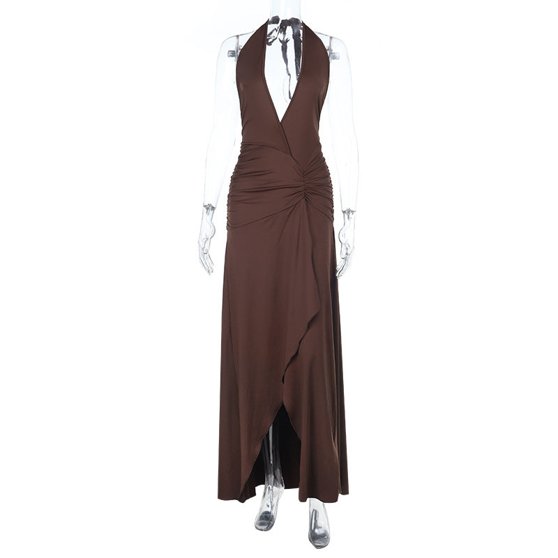 Damen elegantes Wickelkleid mit tiefem V-Ausschnitt und asymmetrischem Rock R&B