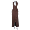 Damen Halter-Langkleid mit tiefem V-Ausschnitt und gerafftem Design