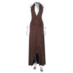 Damen Halter-Langkleid mit tiefem V-Ausschnitt und gerafftem Design