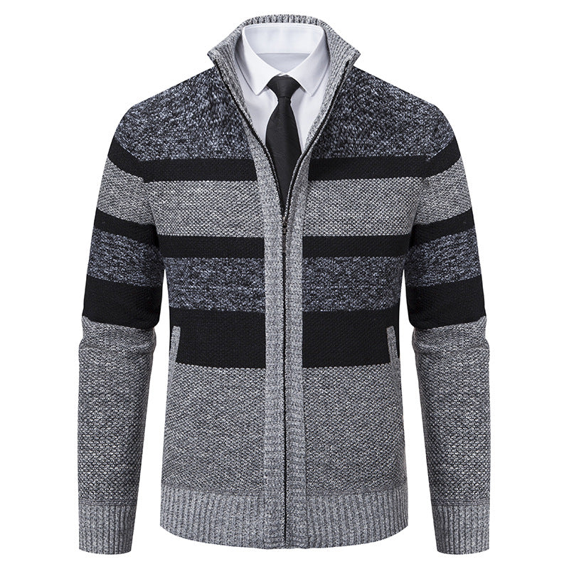 Herren Strickjacke mit Stehkragen und modernem Streifenmuster R&B