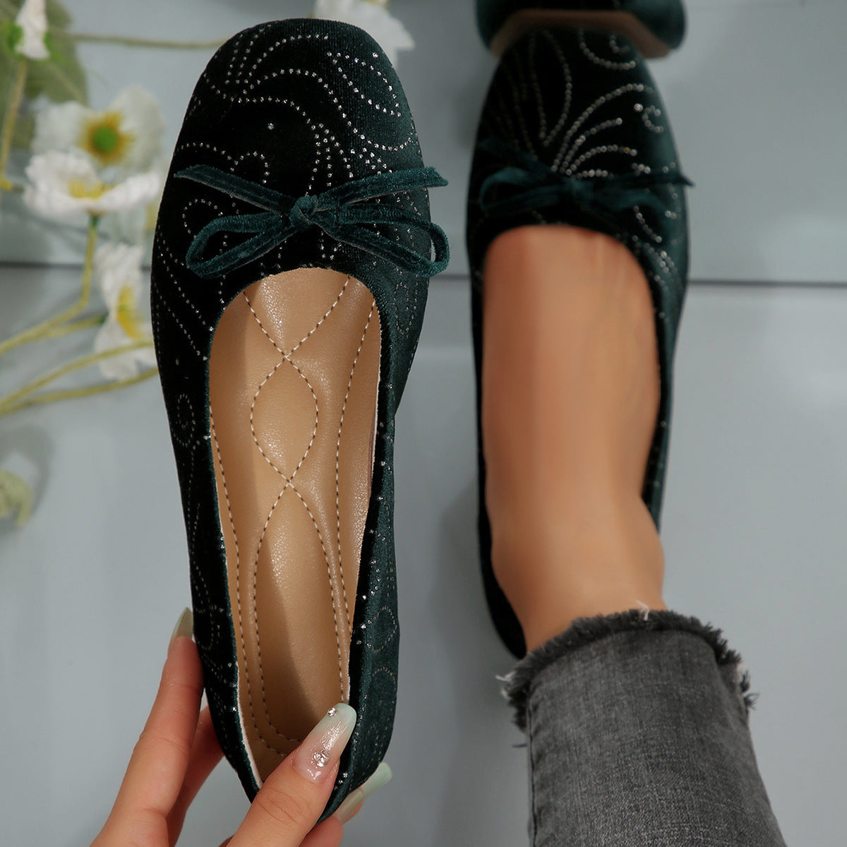 Damen Ballerinas mit elegantem Glitzermuster und feiner Schleifenapplikation R&B