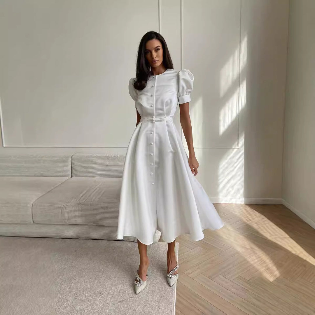 Damen Midi-Kleid mit Puffärmeln und schimmerndem Satin-Finish R&B