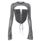 Damen Elegantes Oberteil mit geschnürter Front und transparenten Ärmeln R&B