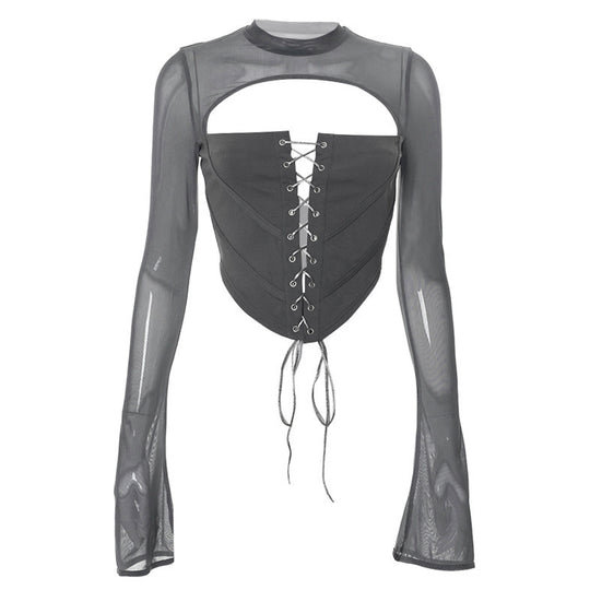 Damen Elegantes Oberteil mit geschnürter Front und transparenten Ärmeln R&B
