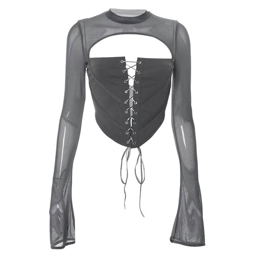 Damen Elegantes Oberteil mit geschnürter Front und transparenten Ärmeln R&B