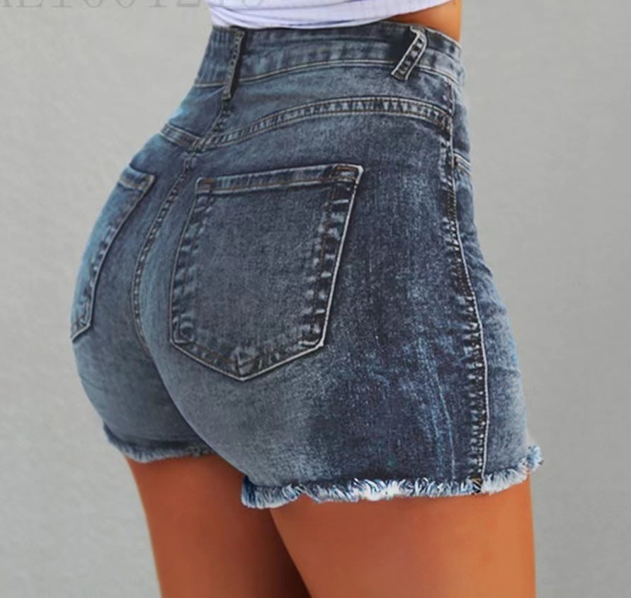 Damen Hochtaillierte Jeans-Shorts mit fransigem Saum R&B