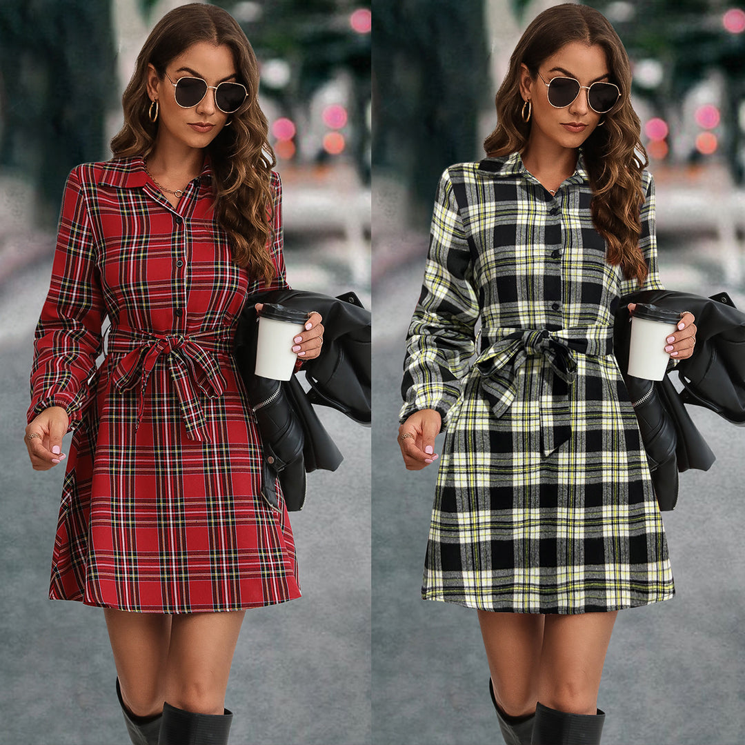 Damen Karohemdkleid mit Bindegürtel und langen Ärmeln R&B