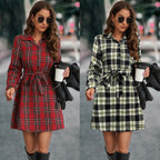 Damen Karohemdkleid mit Bindegürtel und langen Ärmeln R&B