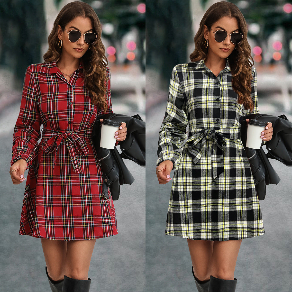 Damen Karohemdkleid mit Bindegürtel und langen Ärmeln R&B