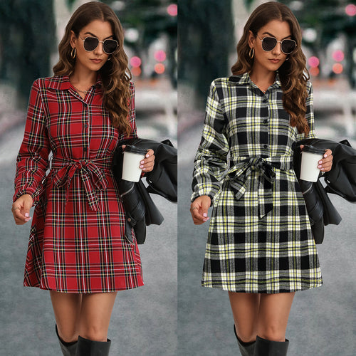 Damen Karohemdkleid mit Bindegürtel und langen Ärmeln R&B