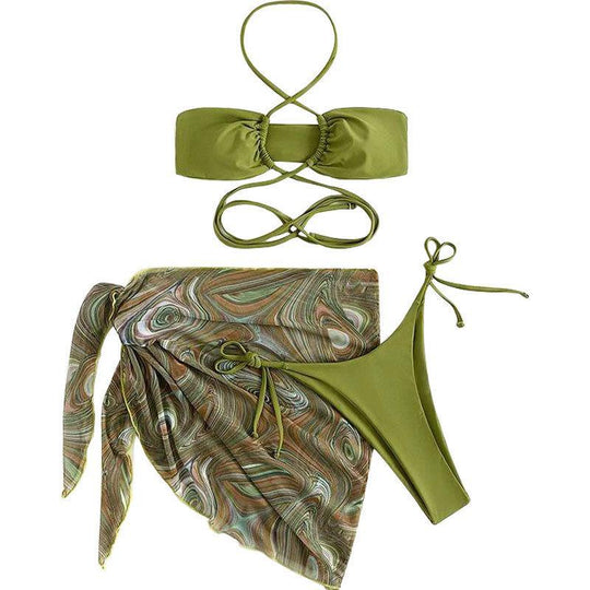Damen Bandeau-Bikini mit verstellbaren Bändern und transparentem Wickelrock R&B