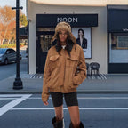 Damen Kunstlederjacke mit abnehmbarer Kapuze und voluminösen Ärmeln R&B