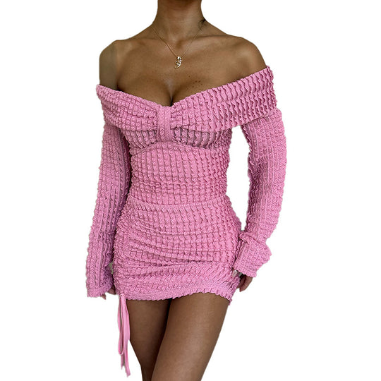 Damen schulterfreies Minikleid mit Raffung und dekorativem Schleifendetail R&B